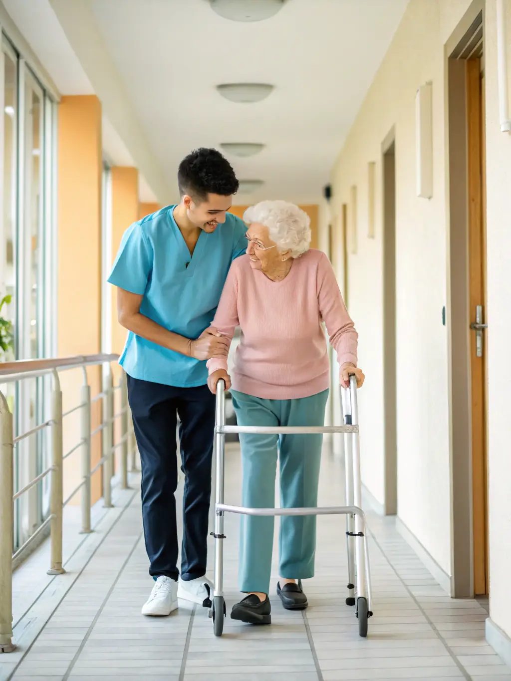 A caregiver helping a client with mobility and household tasks in a well-maintained home, highlighting comfort and dignity.