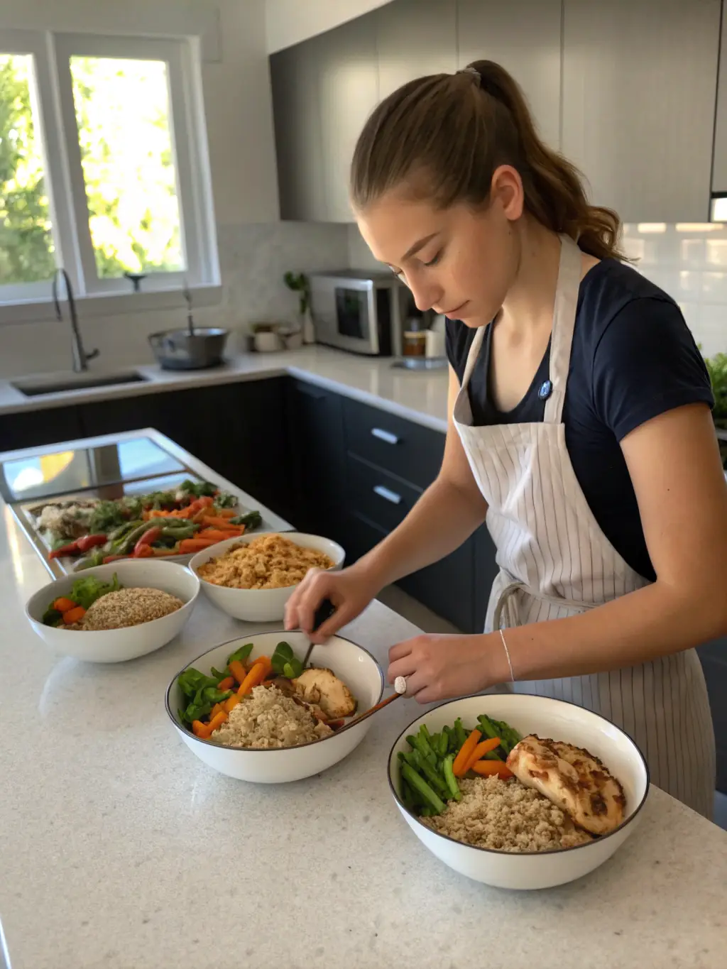 A caregiver preparing a nutritious meal for a client in their kitchen, focusing on dietary needs and preferences, with an emphasis on healthy eating habits.