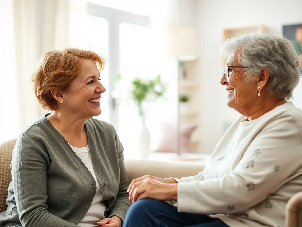 A caregiver engaging in a friendly conversation with a client, showcasing empathy and building a trusting relationship in a cozy living room.