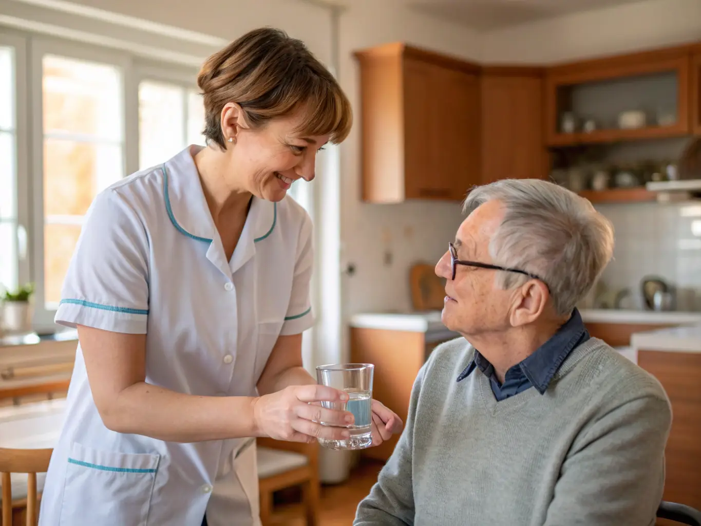 A caregiver assisting a senior client with medication management, demonstrating attention to detail and adherence to medical guidelines in a comfortable home setting.