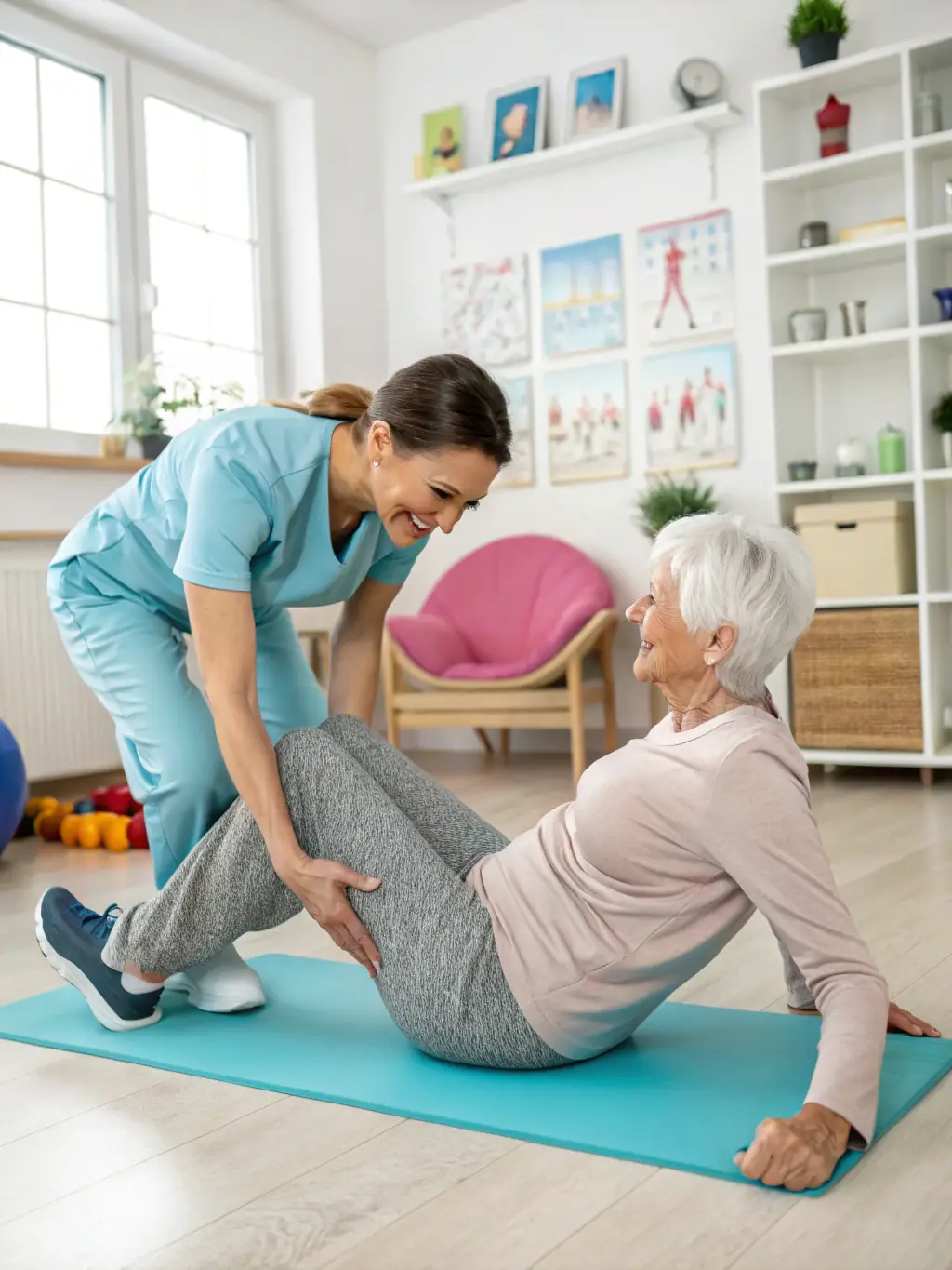 A trained caregiver helping a client with mobility exercises in their living room, promoting physical activity and independence, with a supportive and encouraging demeanor.