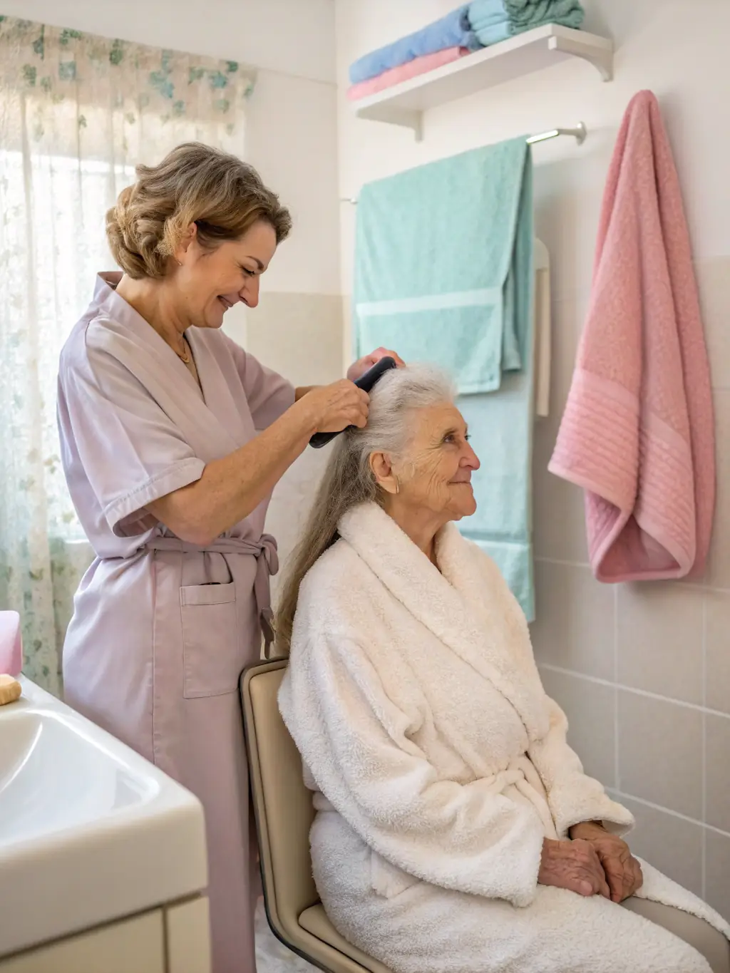 A caregiver providing personal hygiene assistance to a client in their bathroom, ensuring dignity and comfort, with a focus on maintaining cleanliness and well-being.
