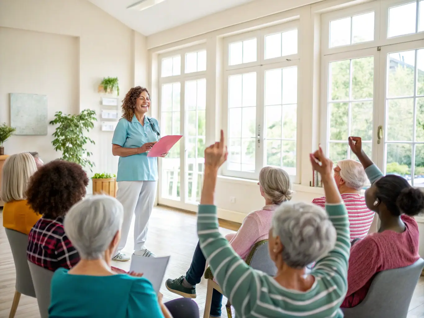 A diverse group of caregivers participating in a training session, focusing on patient care techniques and safety protocols, in a bright and modern training facility.