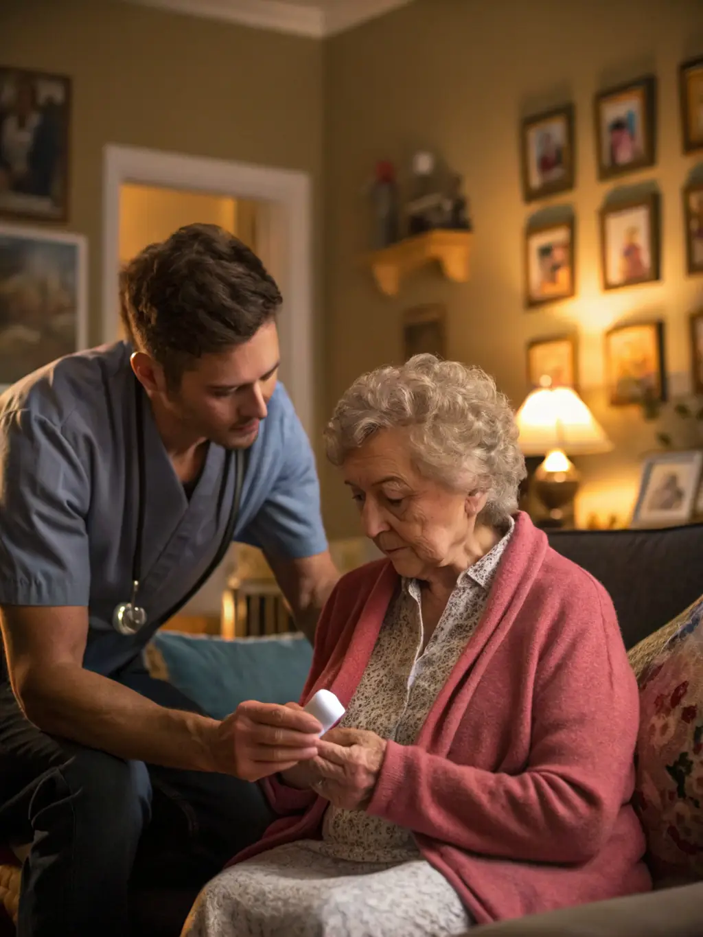 A compassionate caregiver assisting a senior with medication management in their home, ensuring they take the correct dosage at the right time, with a focus on safety and well-being.
